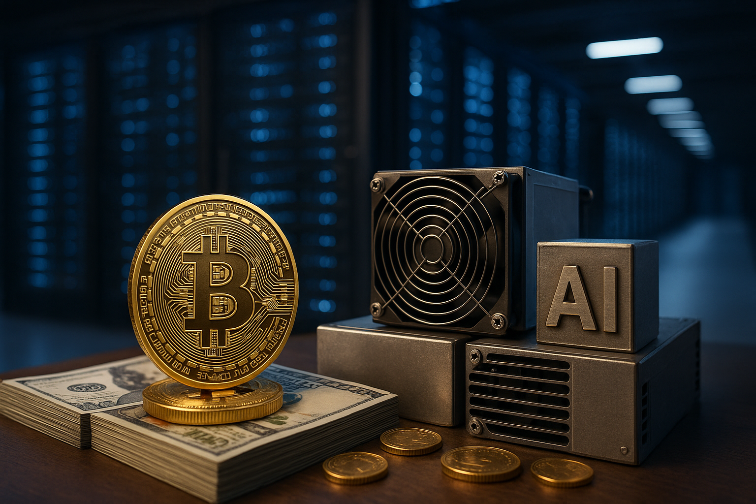 Photorealistic Bitcoin coin beside data-center hardware and cooling units inside a blue-lit server room, symbolizing the shift from crypto mining to AI infrastructure.
