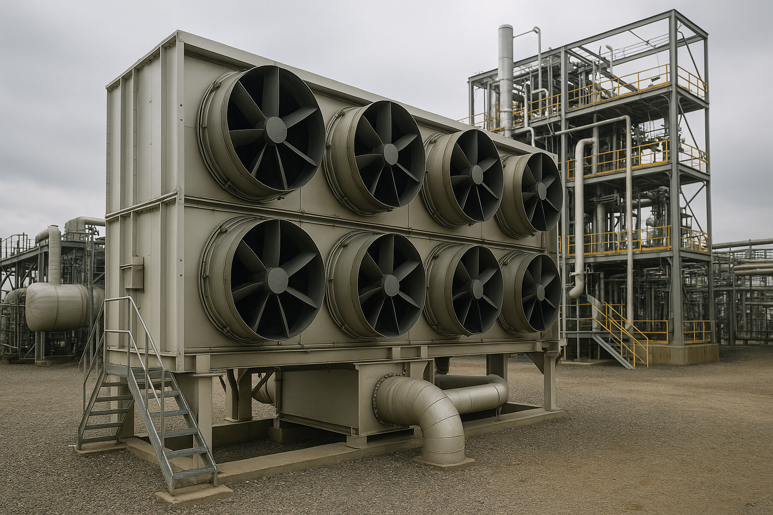 Photorealistic industrial Direct Air Capture unit with large circular intake fans at a modern carbon-removal facility in Canada.