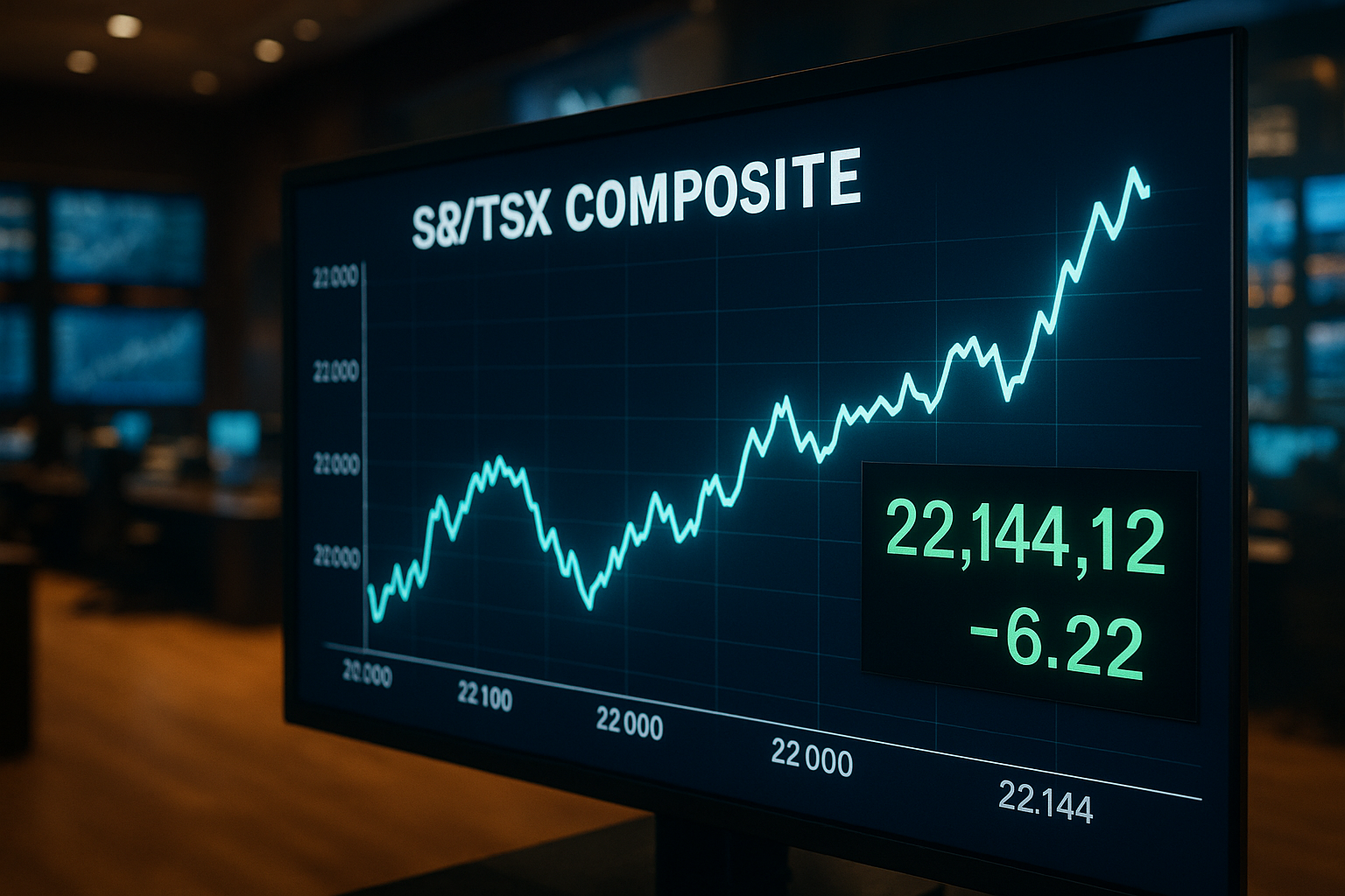 Photorealistic trading floor scene featuring a large monitor displaying the S&P/TSX Composite Index chart with fluctuating market data.
