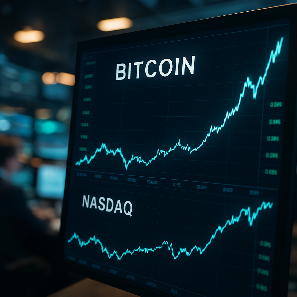 Photorealistic trading monitor displaying rising Bitcoin and Nasdaq charts with a blurred trading floor in the background.