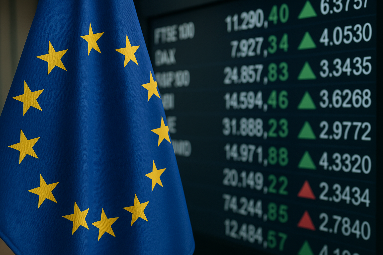 European Union flag in front of a digital stock market board showing rising European equity index figures.