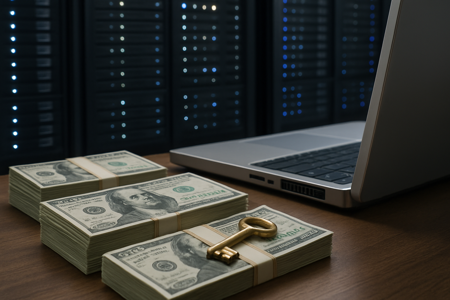 Stacks of U.S. dollar banknotes, a gold key, and a laptop positioned in front of illuminated data-center server racks.