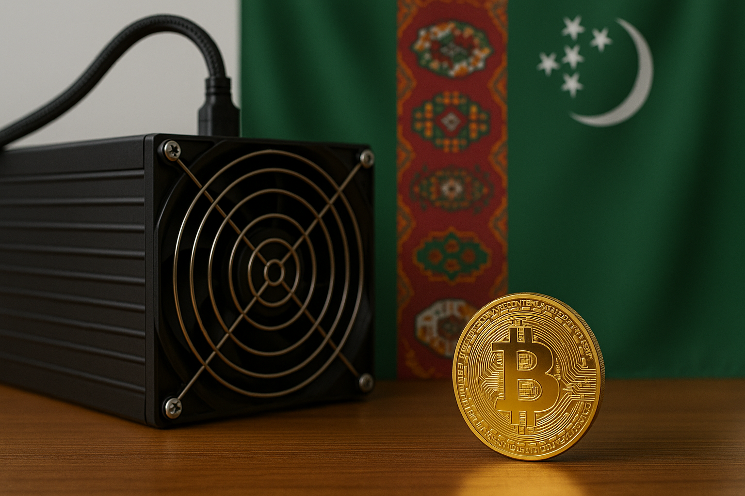 A Bitcoin coin standing beside a crypto mining rig with the Turkmenistan national flag softly blurred in the background.