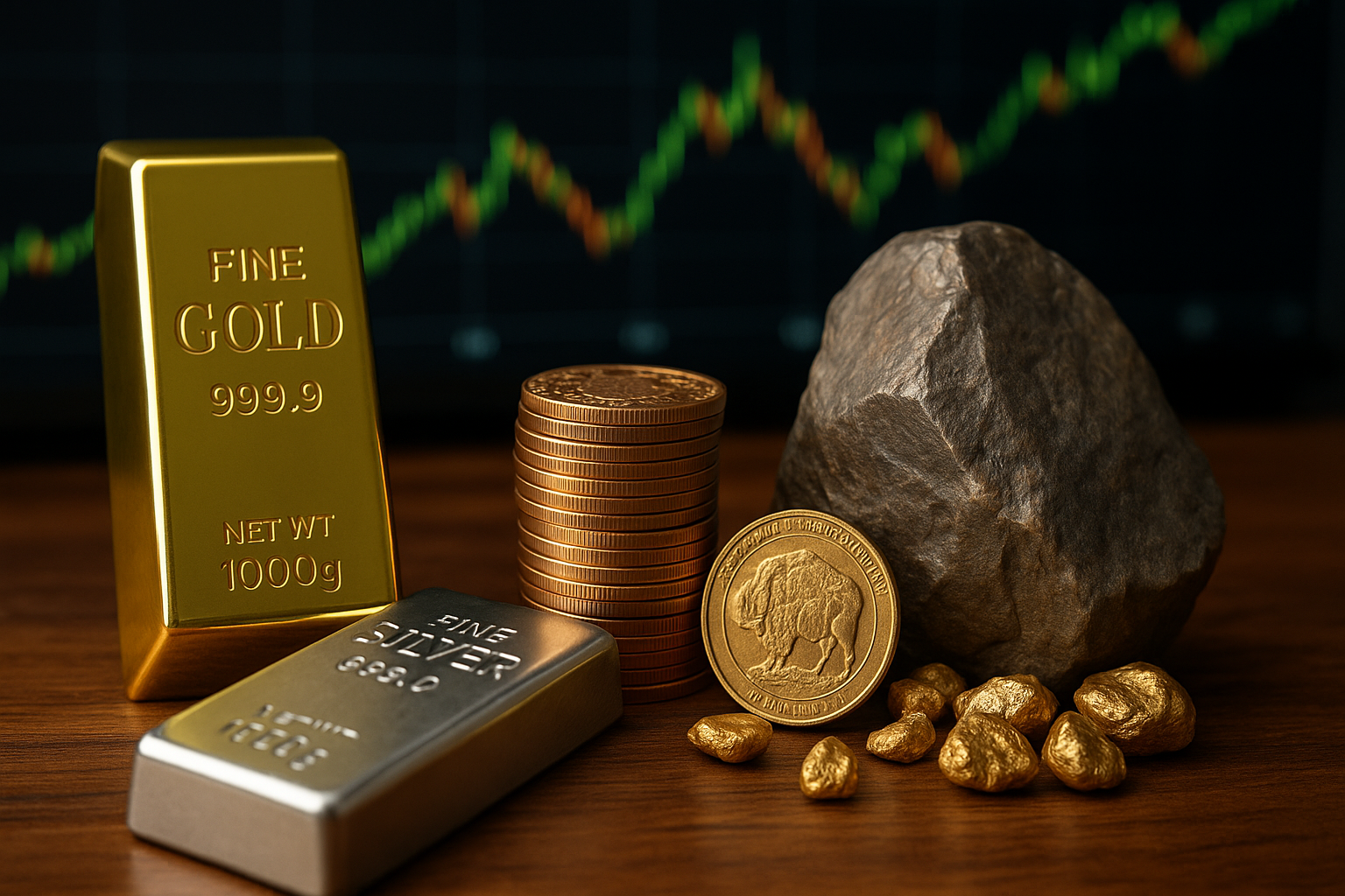 Gold and silver bars, stacked copper coins, raw ore, and gold nuggets arranged on a wooden surface with an upward-trending commodity chart in the background.