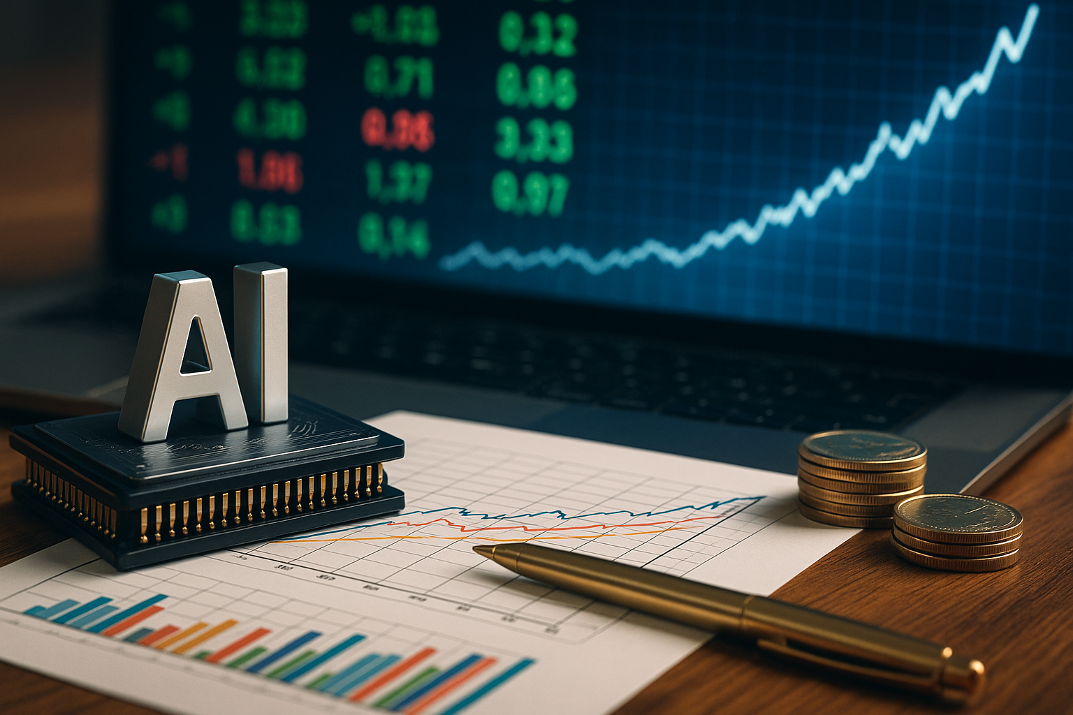 A microchip with metallic AI letters placed on financial charts, with a rising digital stock graph and stacked coins in the background.