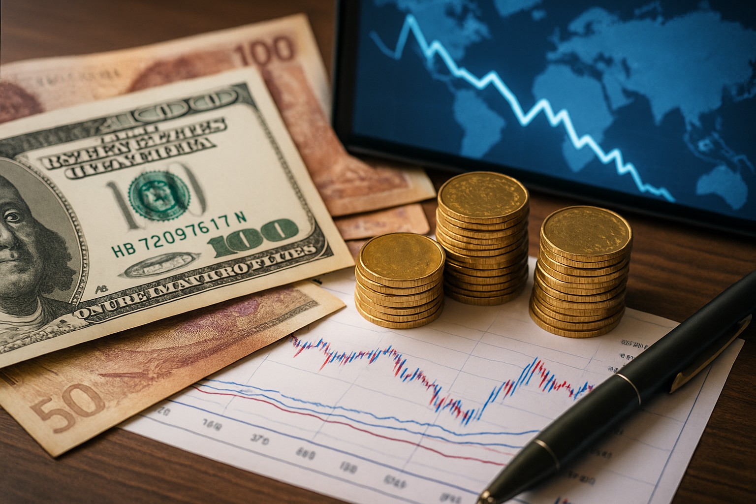 Stacks of gold coins, U.S. and foreign banknotes, financial charts, and a screen showing a declining global currency trend.