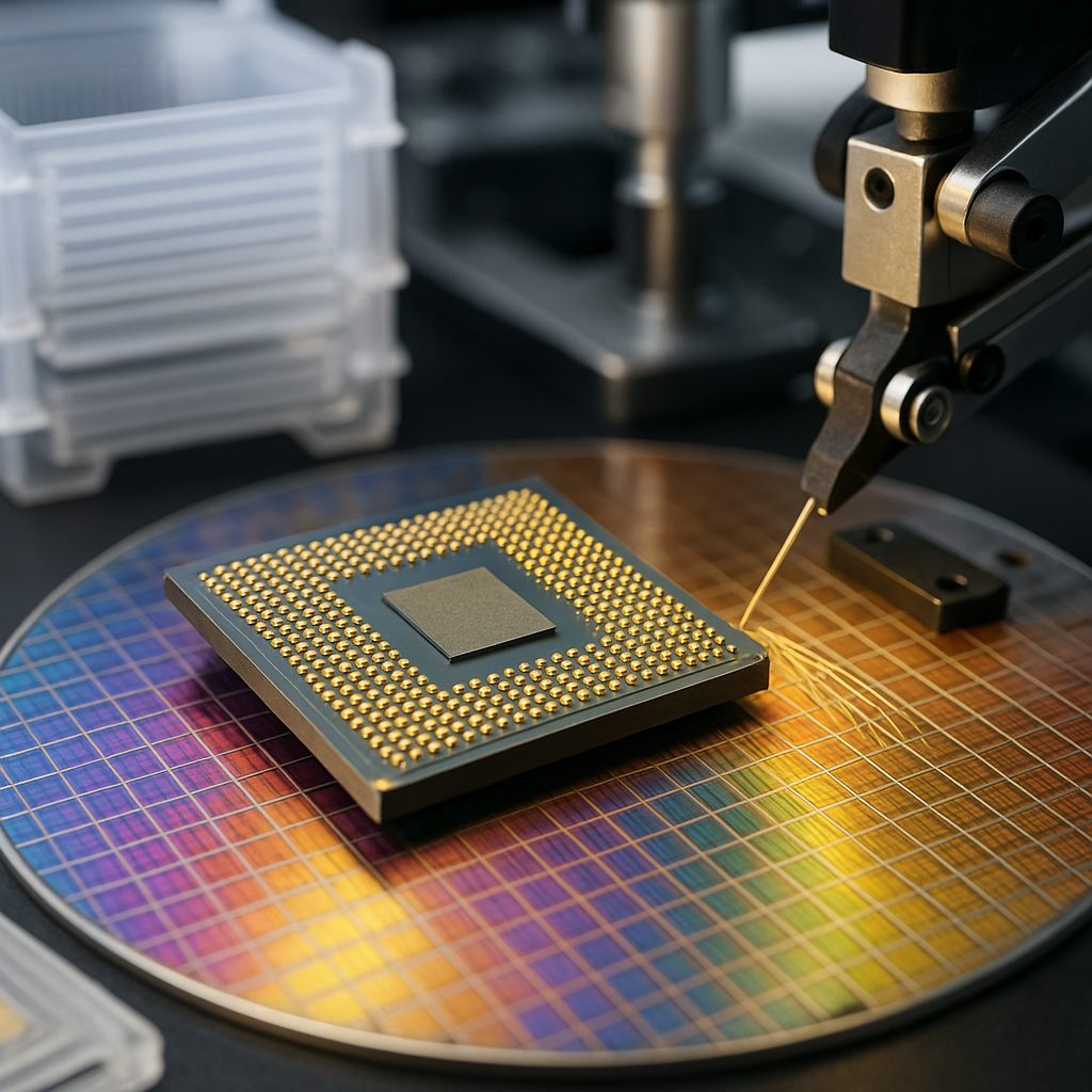 A semiconductor chip positioned on a colorful silicon wafer as a precision wire-bonding machine connects circuitry in a cleanroom manufacturing environment.