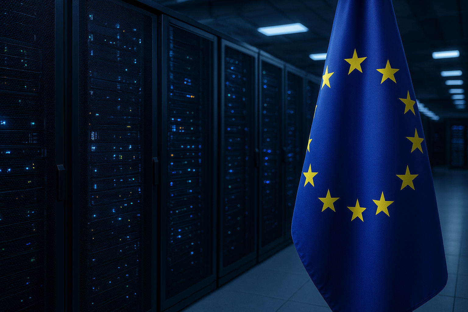 European Union flag in a modern data center illuminated by blue server lights, symbolizing AI sovereignty and digital infrastructure.