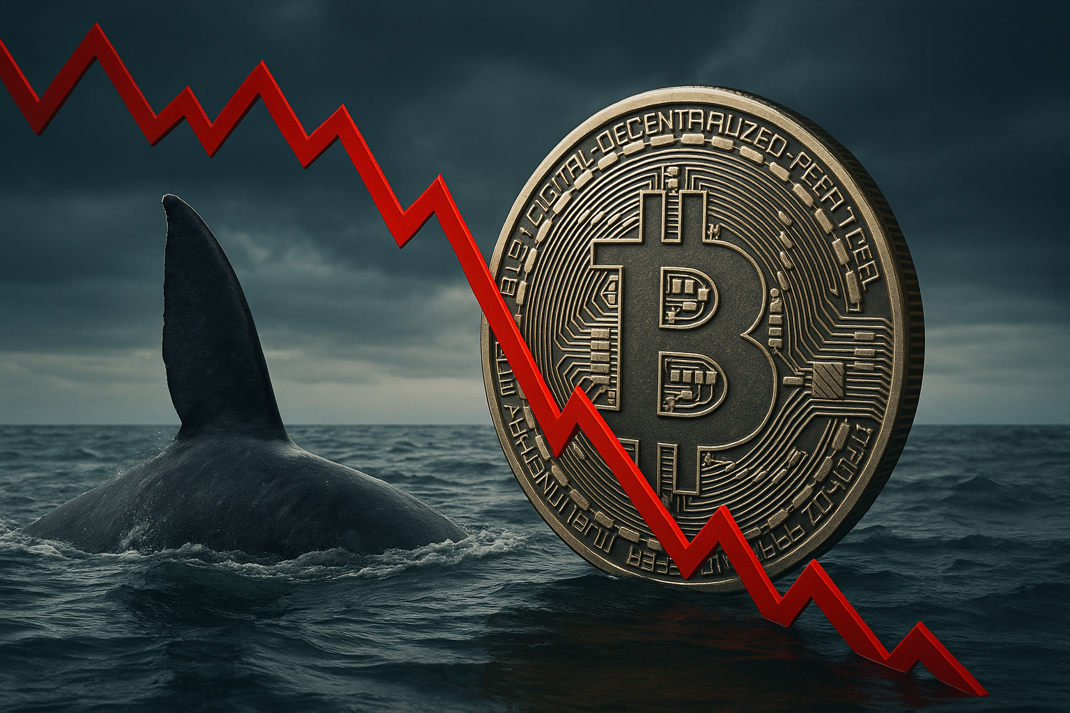 A metallic Bitcoin coin partially submerged in ocean waves with a whale’s fin and a red downward-trending graph under stormy skies.