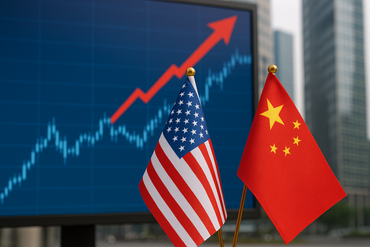 American and Chinese flags side by side with a background of a rising financial chart and skyscrapers.