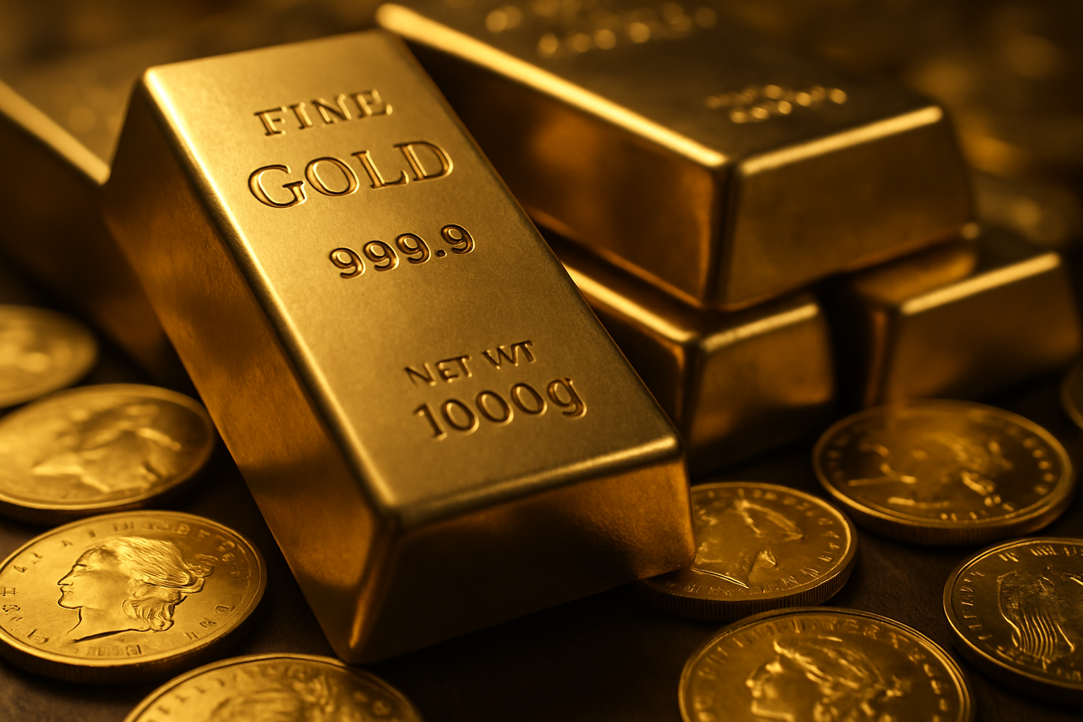 Close-up of gleaming gold bars and coins under warm light, symbolizing investment demand for precious metals.