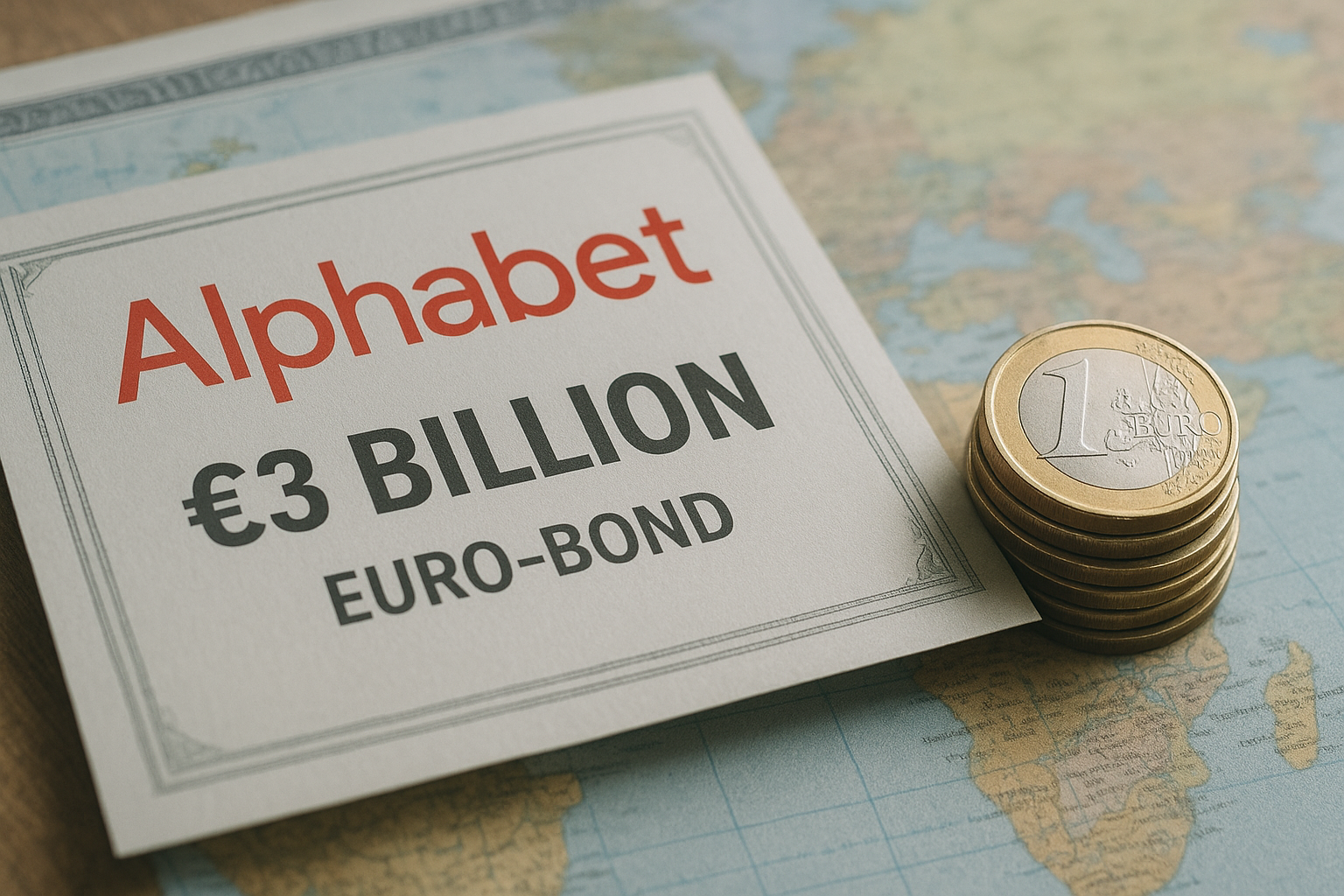A stack of one-euro coins beside a document labeled Alphabet €3 Billion Euro-Bond, placed over a world map background.