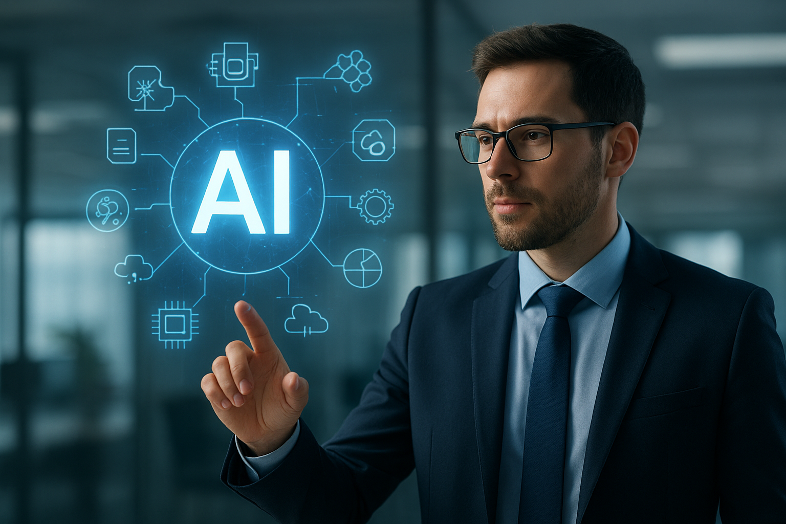 A businessman in a modern office interacts with a glowing holographic AI interface representing artificial intelligence and digital transformation.