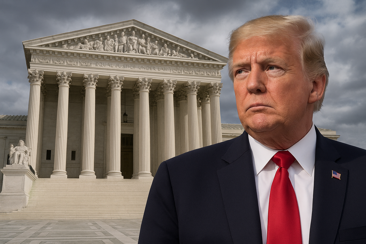 The U.S. Supreme Court building under clear skies, symbolizing a pivotal legal review of presidential trade authority.