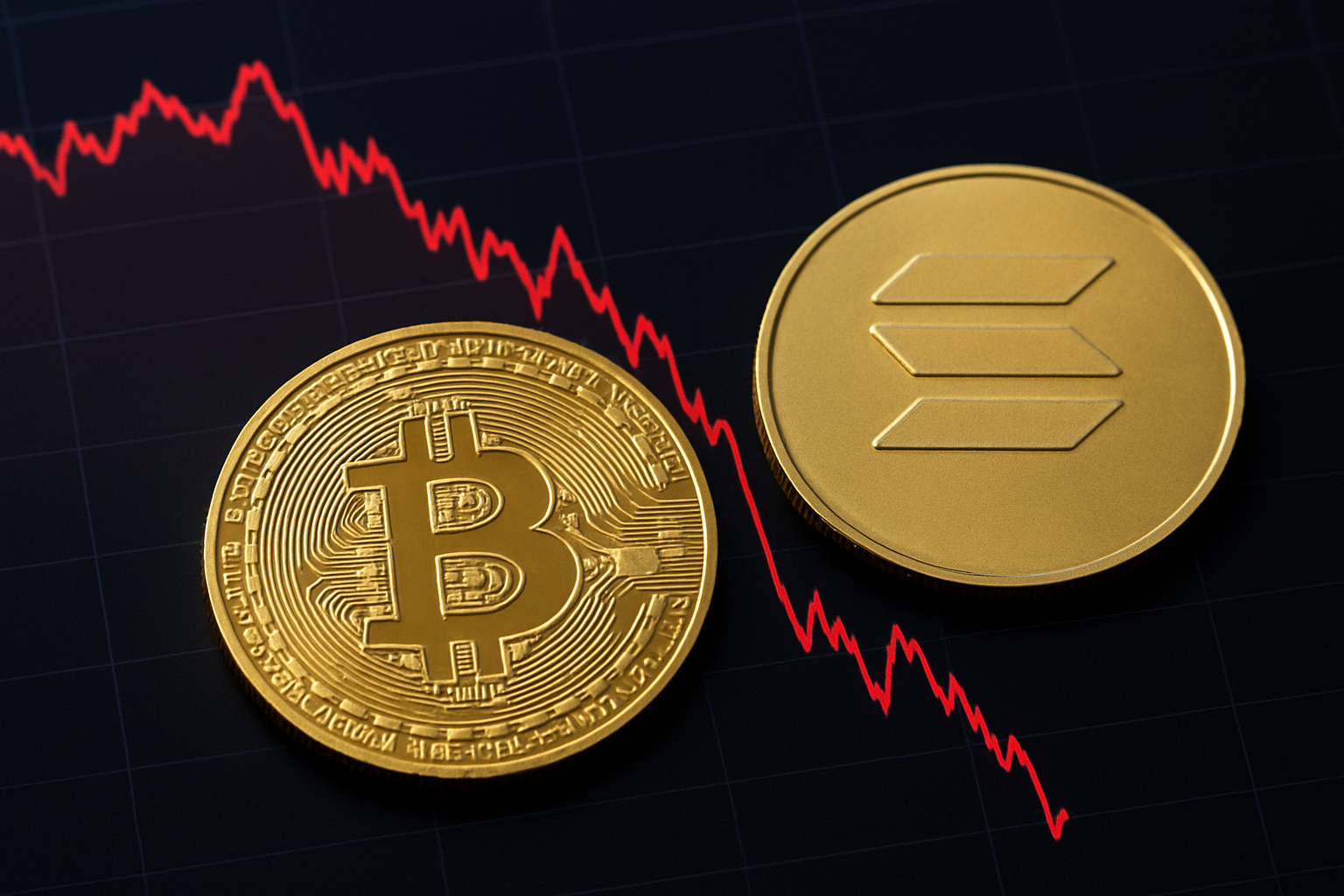 Gold Bitcoin and Solana coins placed over a red downward-trending financial chart representing cryptocurrency market decline.
