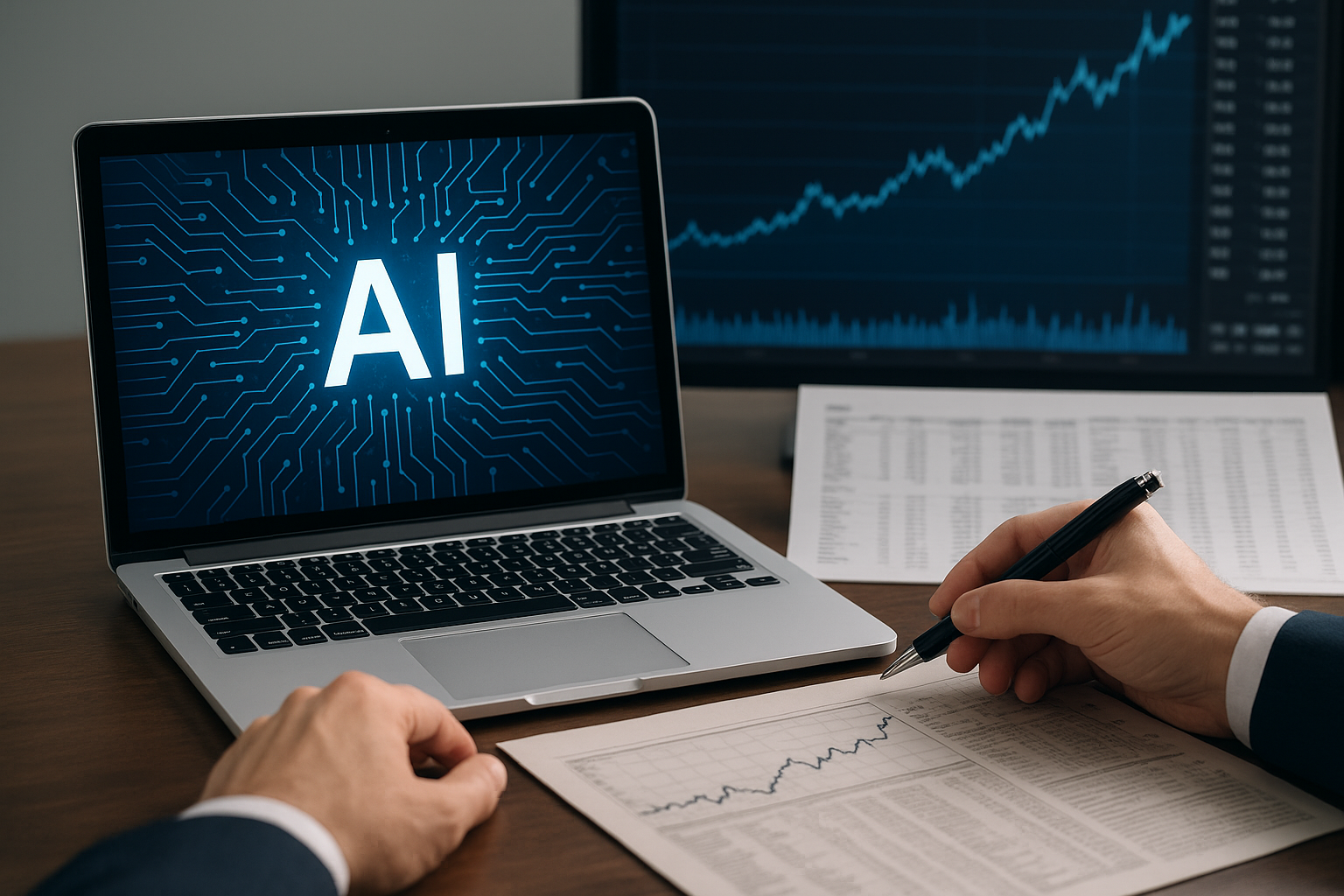 A financial professional analyzing stock charts on paper beside a laptop displaying an AI graphic, symbolizing investment focus on AI infrastructure and deployment.