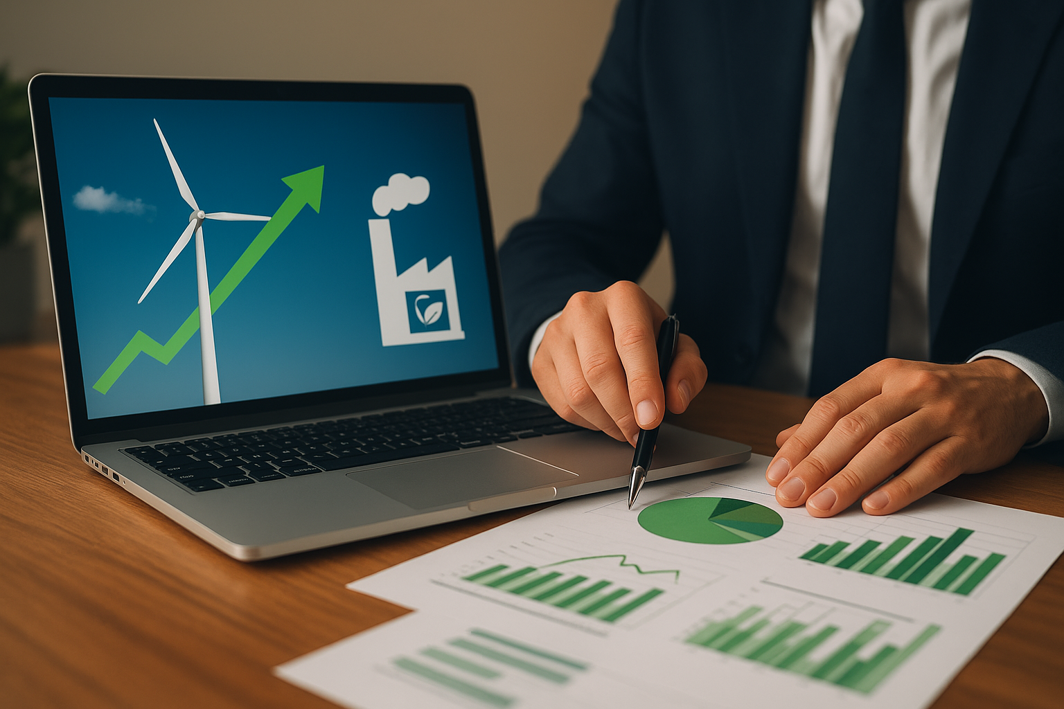 Chatgpt image nov 4, 2025, 06Aerial view of solar farms and wind turbines integrated with urban financial districts under sunlight, symbolizing large-scale climate investment growth. 00 12 pm
