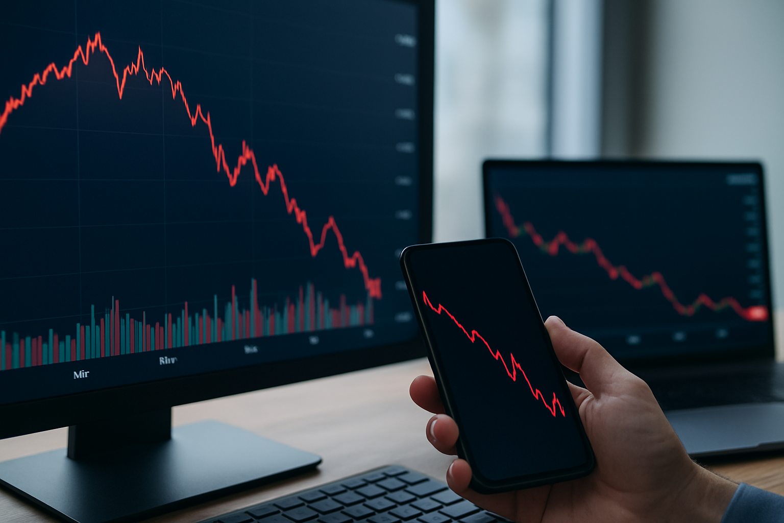 A trader monitors declining stock charts on computer and smartphone screens, symbolizing a market correction.