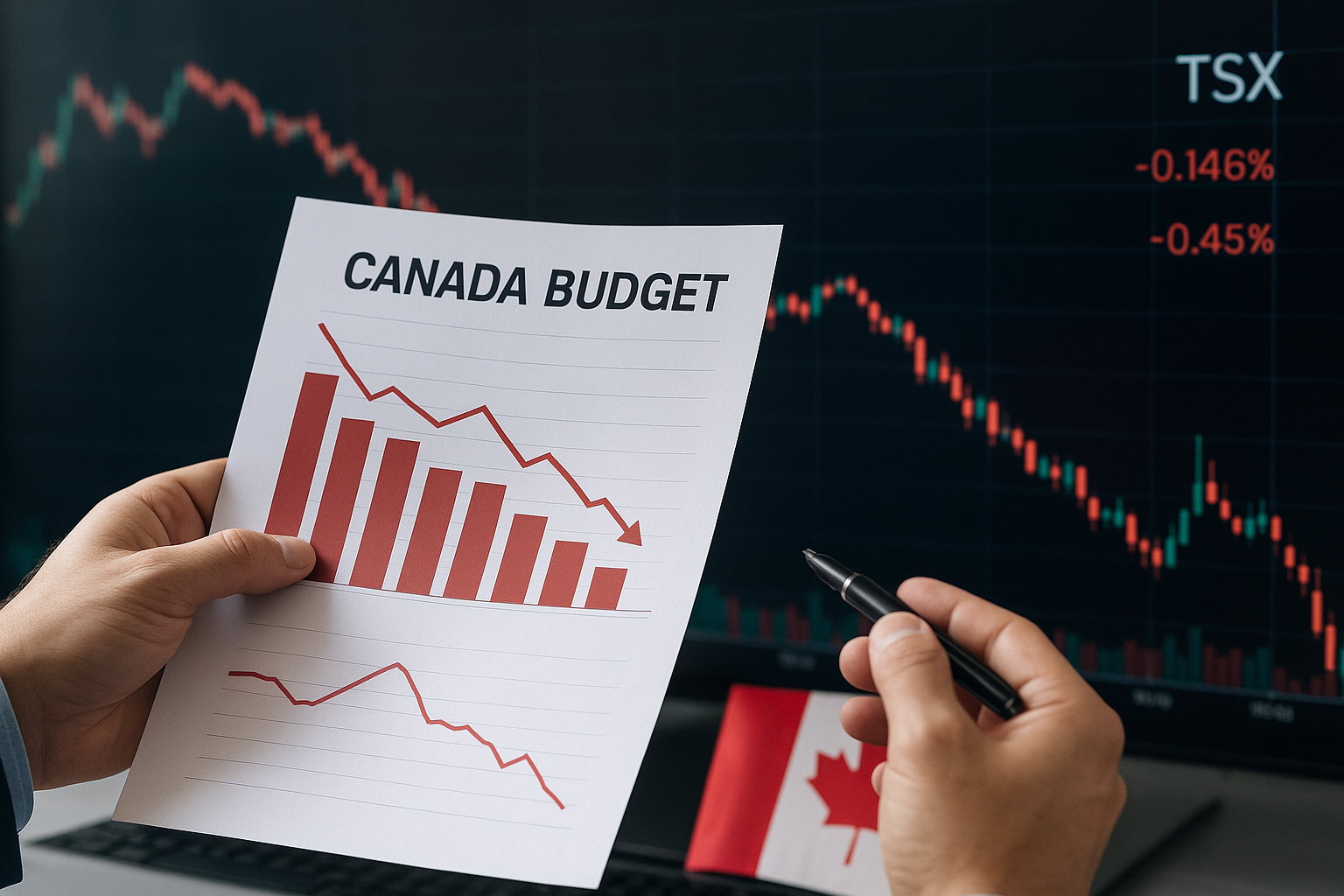 Hands holding a printed report with red declining charts labeled “Canada Budget,” in front of a financial screen showing negative TSX market data and a small Canadian flag.