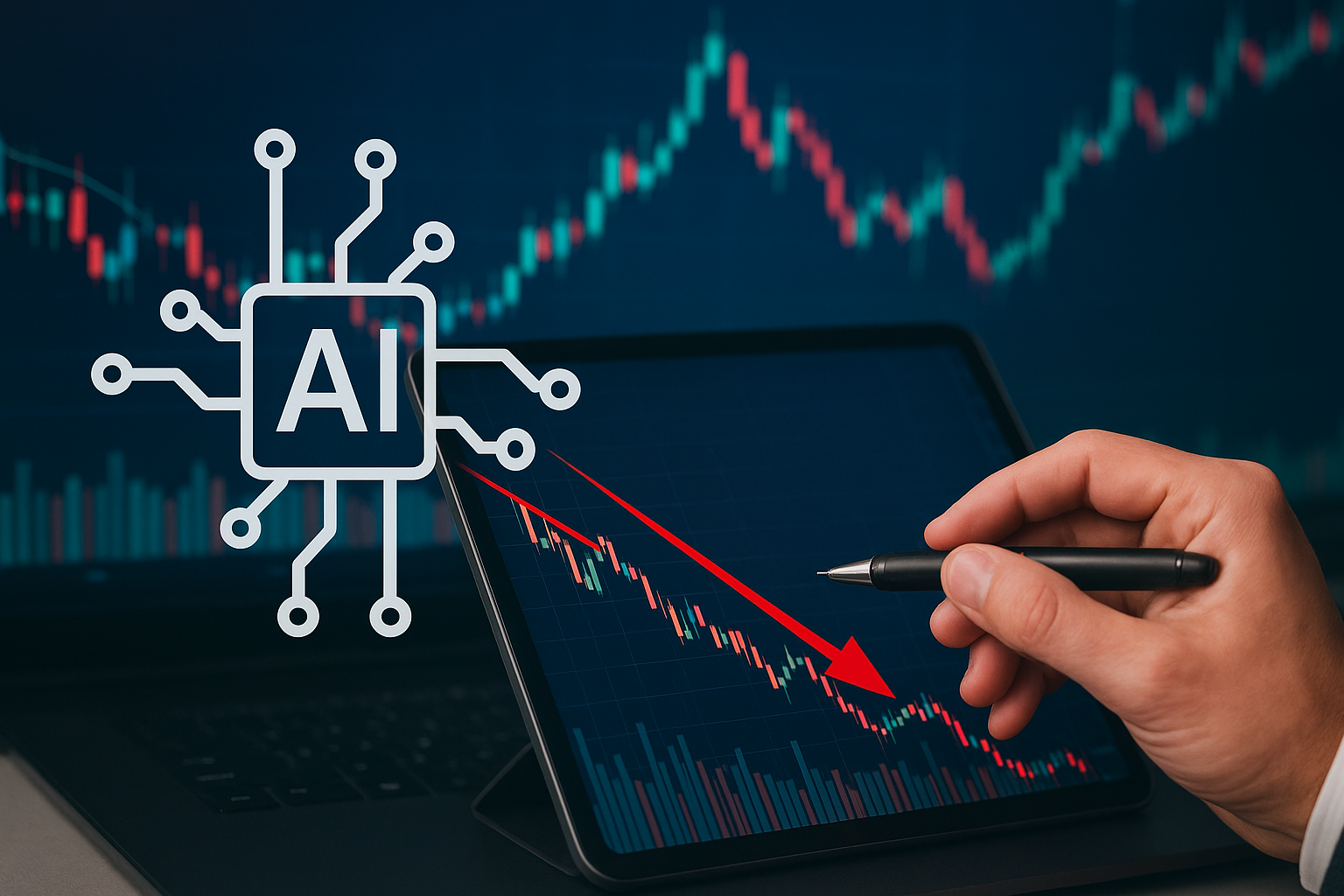 A digital display of fluctuating stock market data with AI-themed visuals and semiconductor components, symbolizing volatility in artificial intelligence investments.