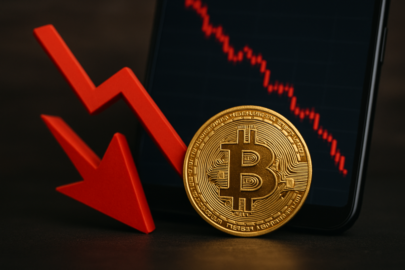 Gold Bitcoin coin beside a red downward arrow and a screen showing a falling market chart.