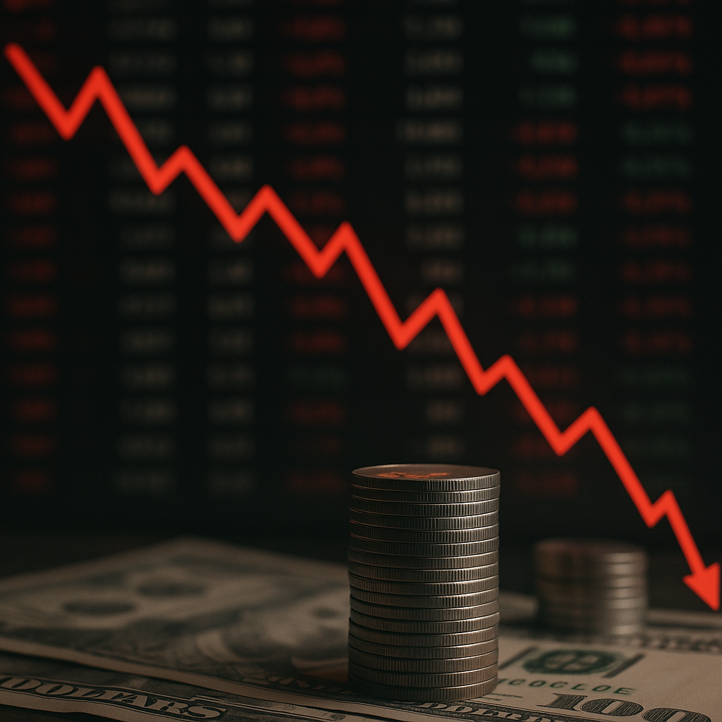 Red downward stock chart line over stacked coins and dollar bills, symbolizing global equity market decline.