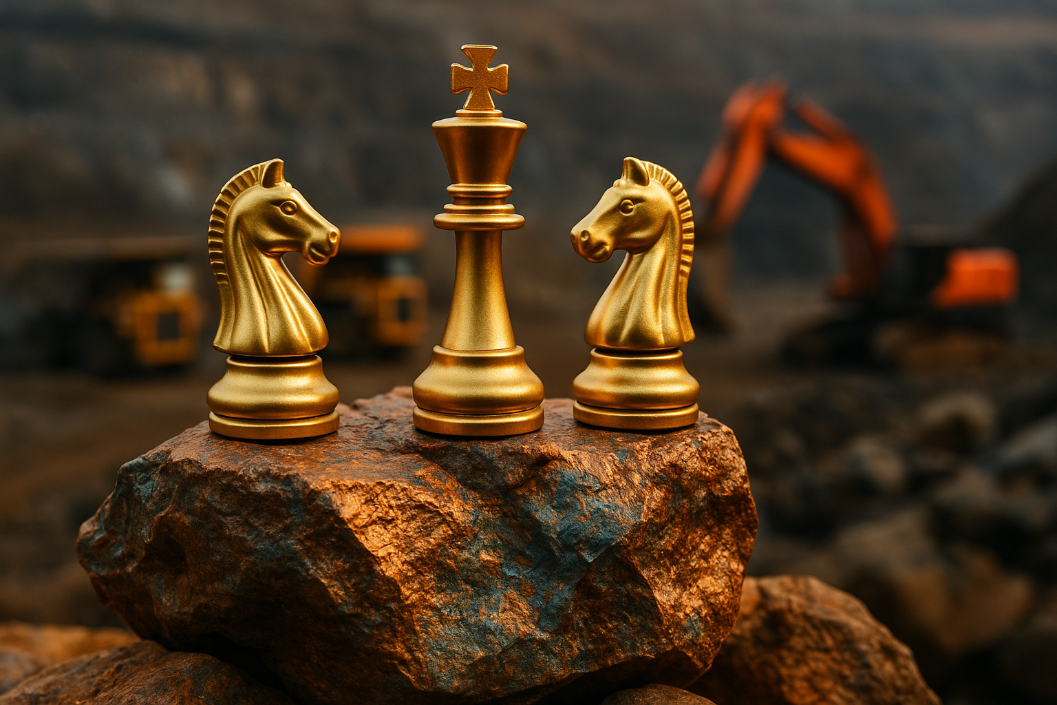 Golden chess pieces placed on a copper rock with mining machinery in the background, symbolizing strategic partnerships in the mining industry.