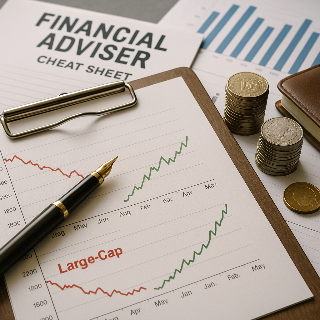 Stacks of coins beside financial charts on a clipboard showing diverging market trends for large-cap and small-cap investments.