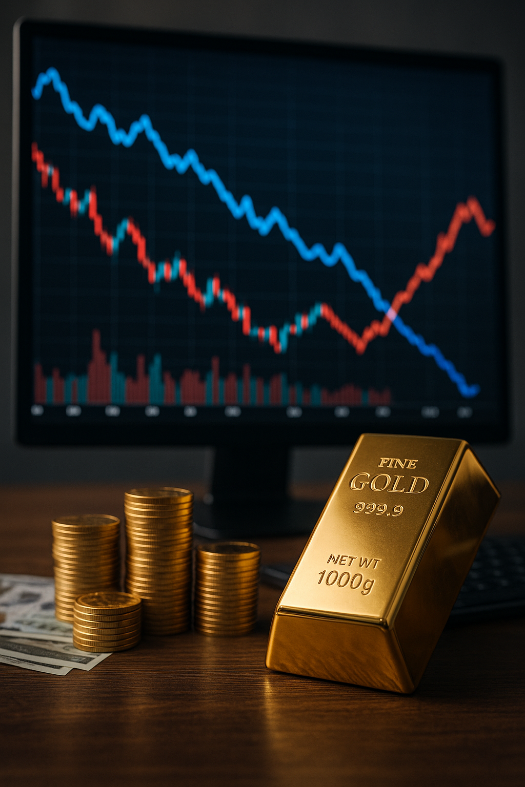 Gold bar and stacked coins in front of a computer screen displaying a declining stock chart.