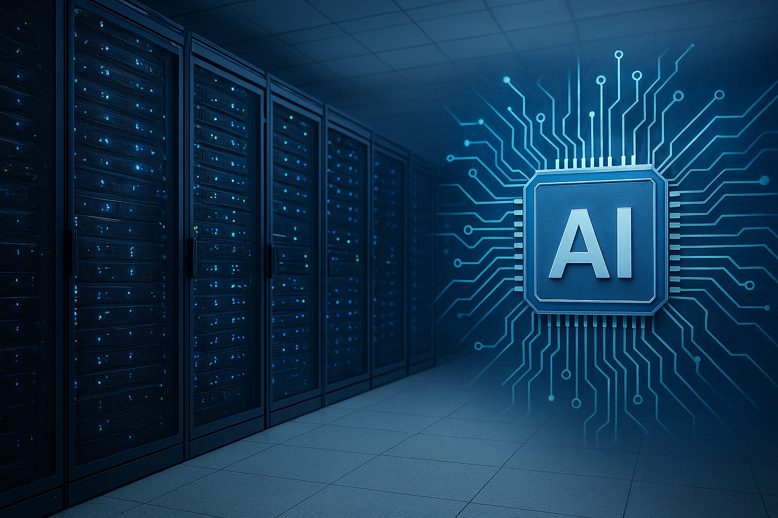 Rows of glowing blue data servers in a modern data center with a symbolic AI microchip illustration representing artificial intelligence infrastructure.