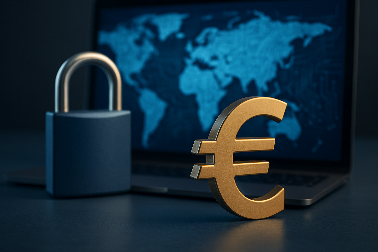A golden euro symbol and padlock in front of a laptop displaying a digital map of Europe, representing cybersecurity investment.