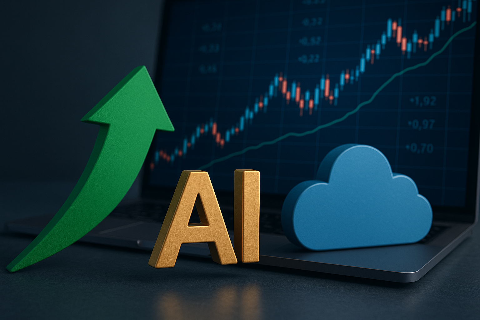 Green upward arrow, golden AI letters, and blue cloud icon in front of a stock chart showing rising trends.