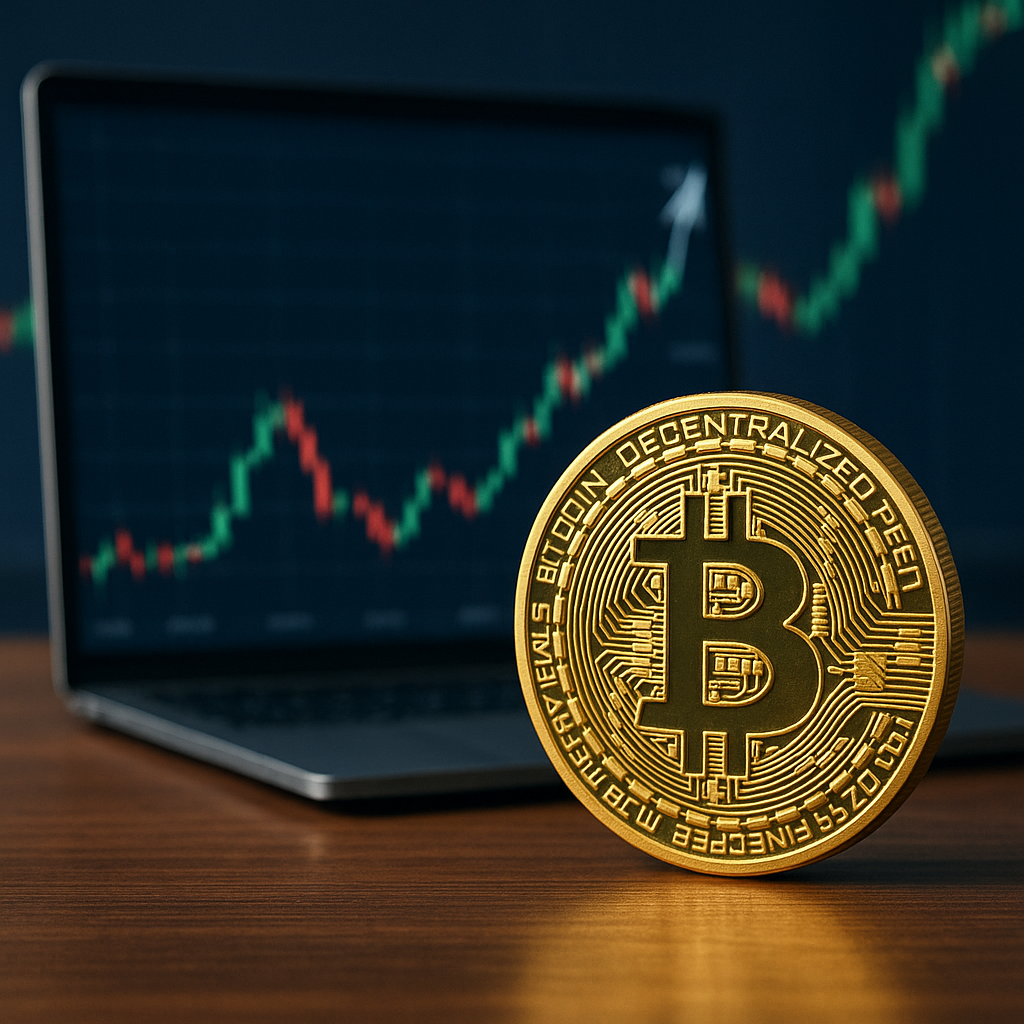 Golden Bitcoin coin in front of a laptop displaying a fluctuating digital price chart with green and red candlesticks.