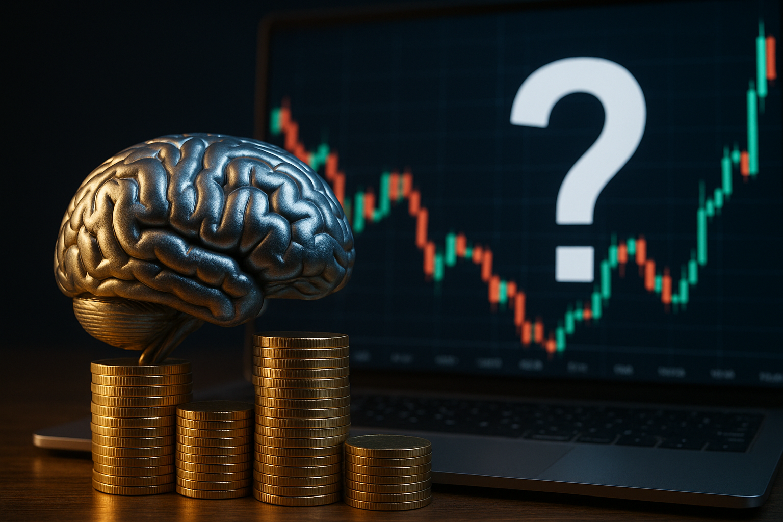 Metallic brain on stacked gold coins with a fluctuating financial chart in the background, symbolizing AI’s uncertain market outlook.