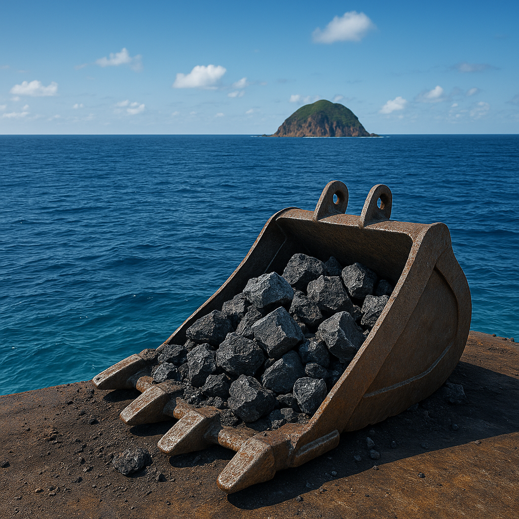 Excavator bucket filled with dark ore overlooking a calm Pacific Ocean with a distant island under clear skies.
