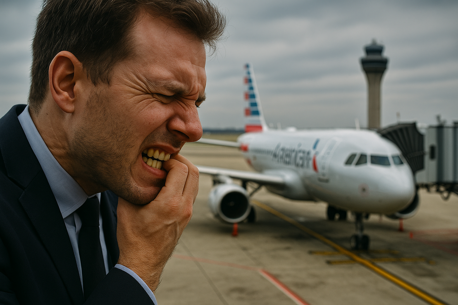 Concerned businessman at an airport with a grounded airplane and control tower under cloudy skies.
