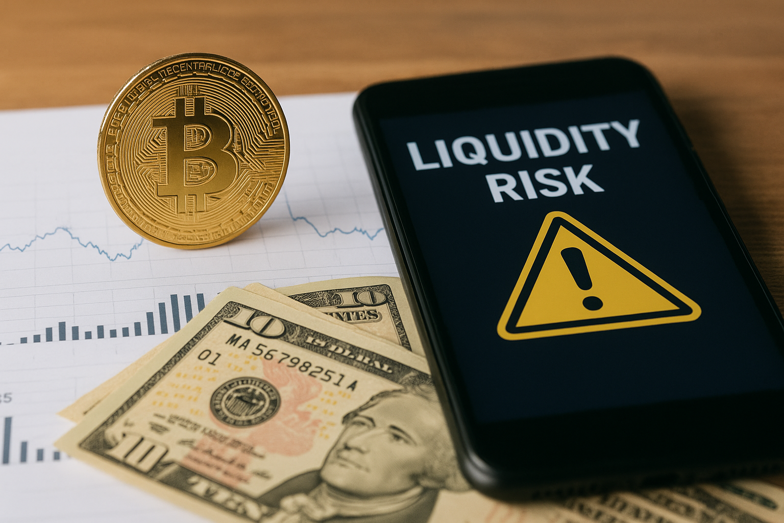 A gold Bitcoin standing on financial charts beside U.S. dollar bills and a smartphone screen displaying a liquidity risk warning.