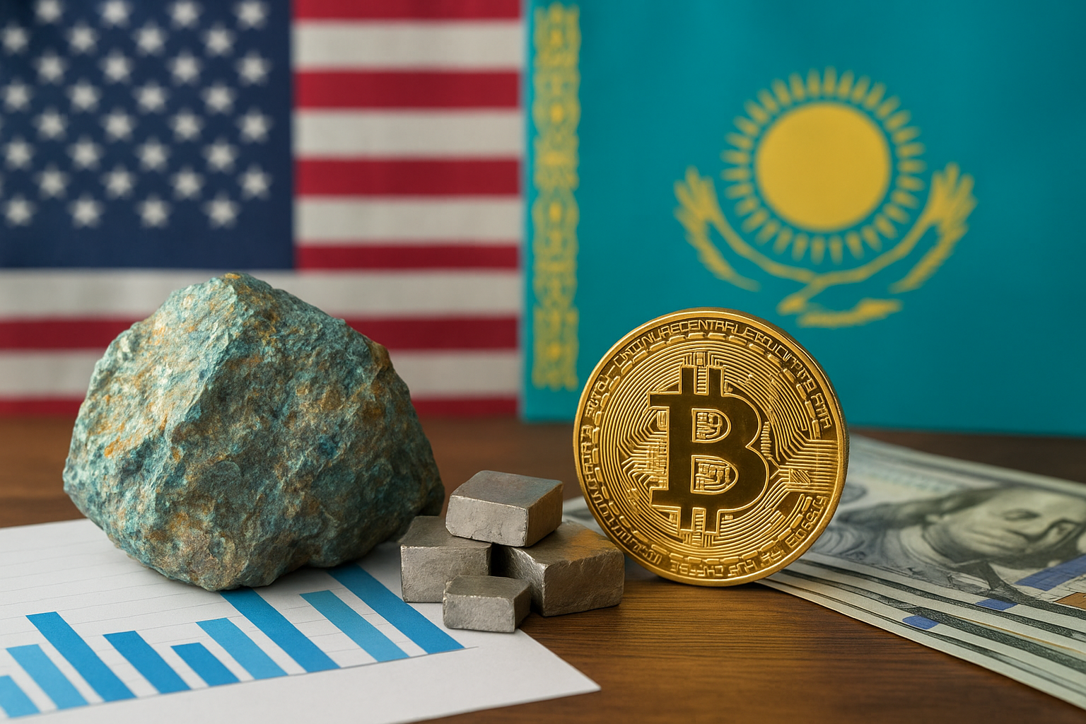 Leaders from the United States and Central Asia meet at a formal diplomatic table, with mining infrastructure and mineral samples subtly visible in the background, symbolizing cooperation on critical minerals.