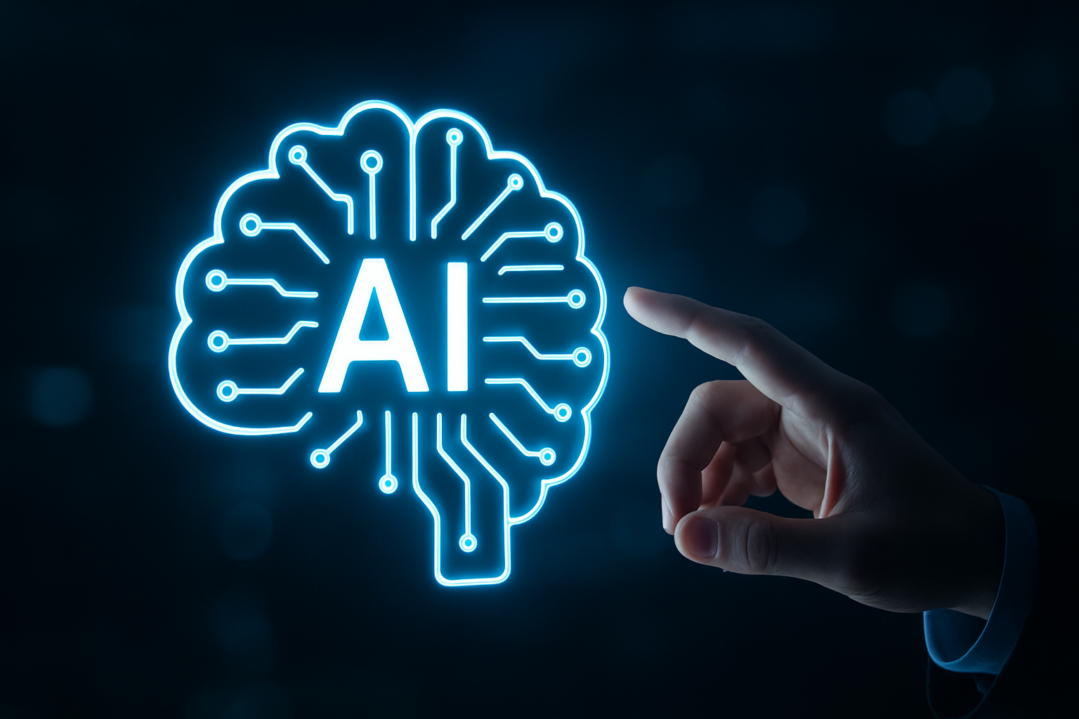 A 3D digital wireframe of a human head illuminated by glowing blue neural connections, representing artificial intelligence and data networks.