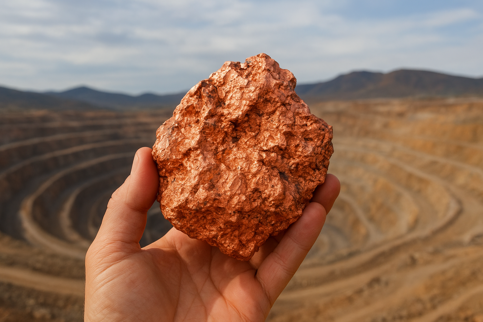 A person’s hand holding a rough, reddish copper ore sample with a large open-pit copper mine and distant mountains in the background.