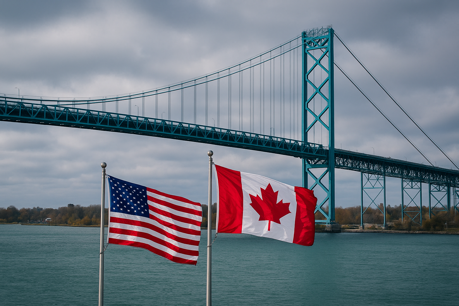 U.S. and Canadian flags wave in front of the Ambassador Bridge connecting Detroit and Windsor, symbolizing trade and travel ties between the two nations.