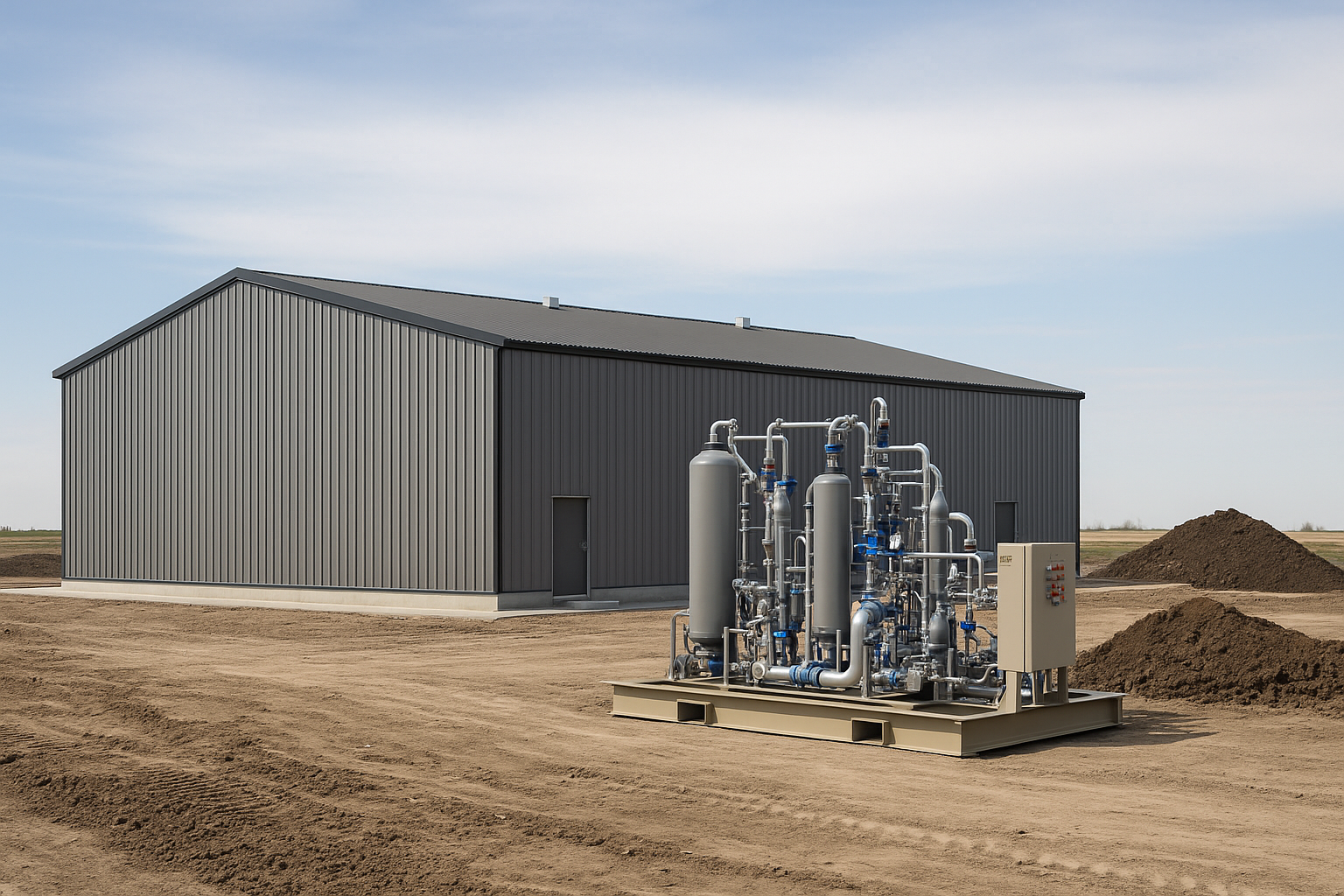 EMP Metals’ Project Aurora lithium demonstration plant under construction in Saskatchewan, featuring the facility building and extraction equipment on-site.