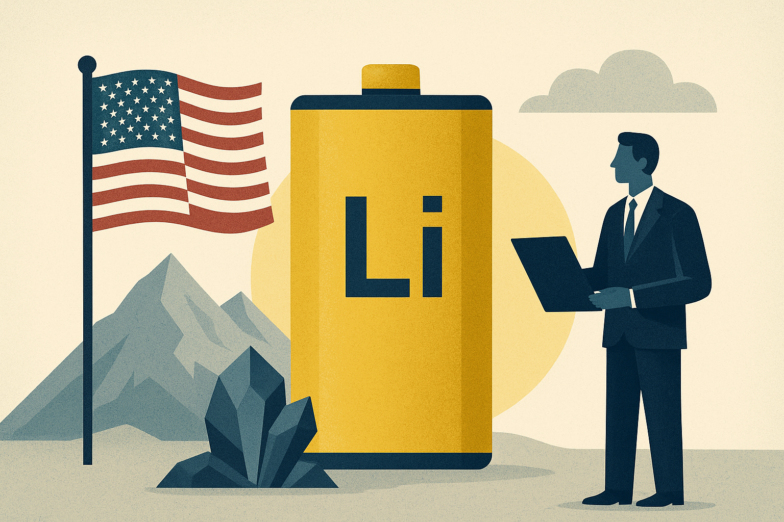 Digital illustration of lithium mining trucks and renewable energy symbols representing U.S. investment in critical minerals.