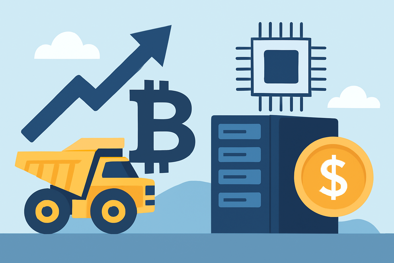 Symbolic illustration of cryptocurrency mining, Bitcoin symbol, data servers, computer chip, and financial growth icons.
