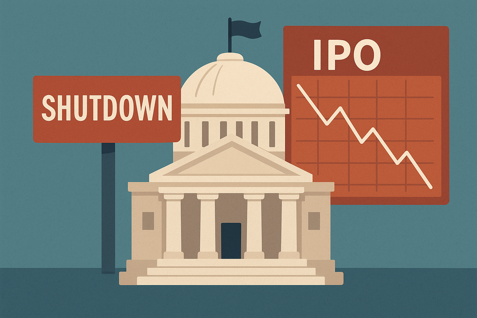 Illustration of a government building with a shutdown sign and a declining IPO chart symbolizing the impact of a U.S. government shutdown on capital markets.