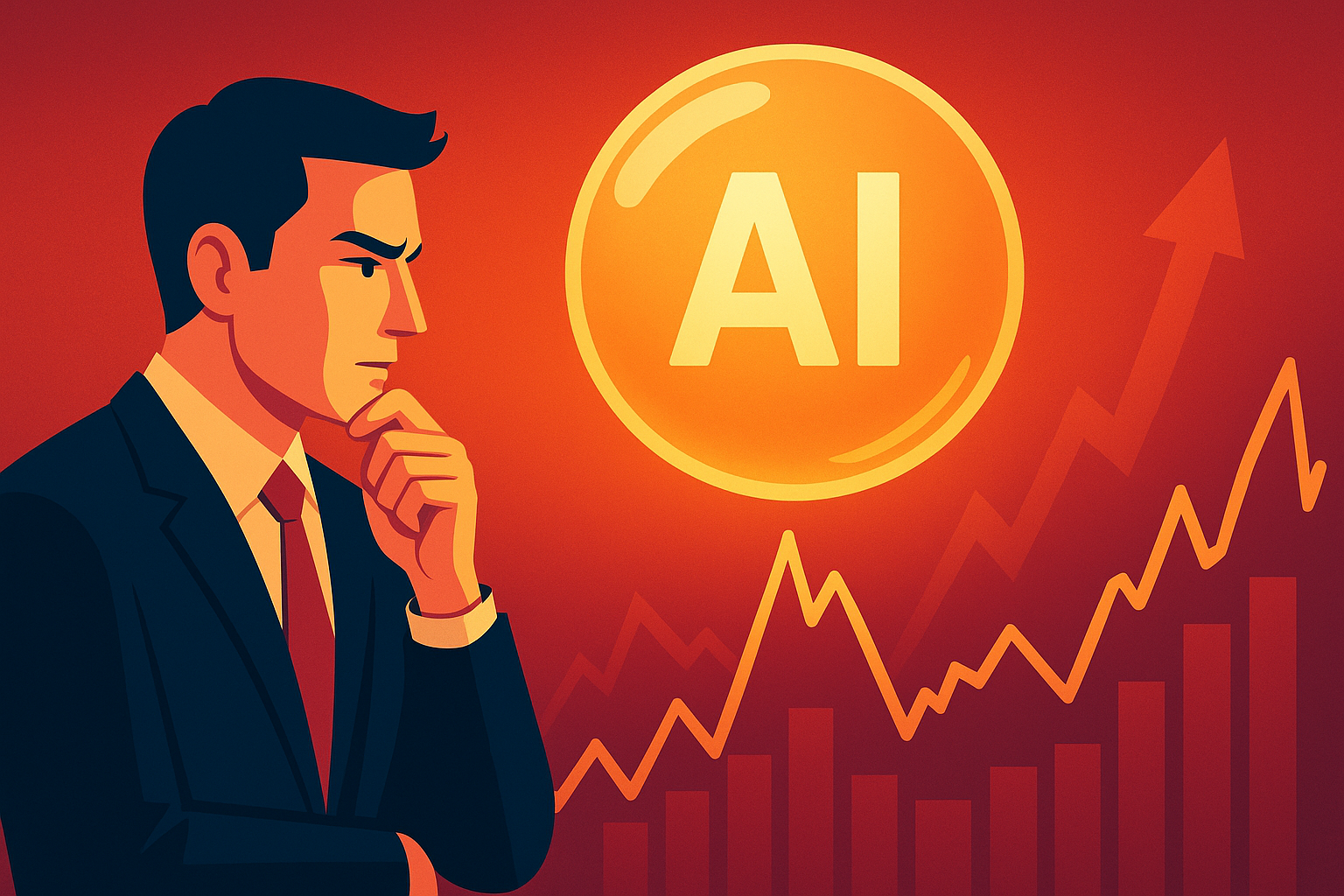 A business professional looks contemplatively at a glowing AI symbol, with an upward-trending market graph in the background.