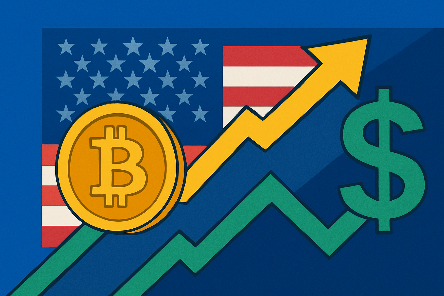 Illustration of Bitcoin rising with upward arrows alongside the U.S. dollar symbol and American flag background.