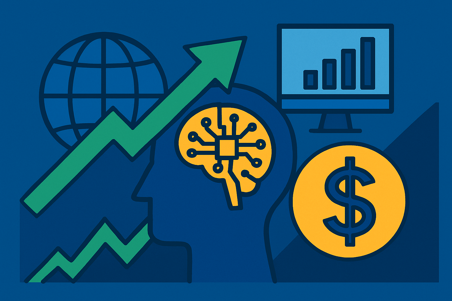 Abstract illustration featuring digital circuits blending with global financial market graphs, symbolizing AI integration in macro investing.