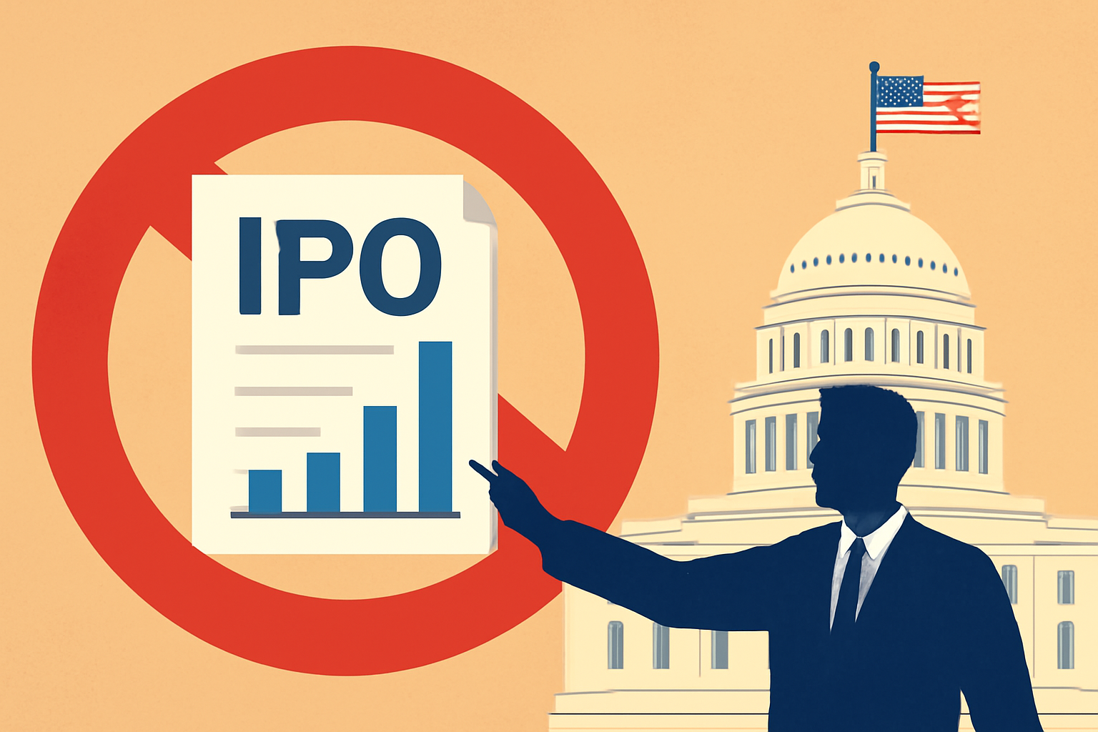 A symbolic illustration of a U.S. government shutdown affecting the IPO process, with a "no" symbol over an IPO document and a Capitol building in the background.
