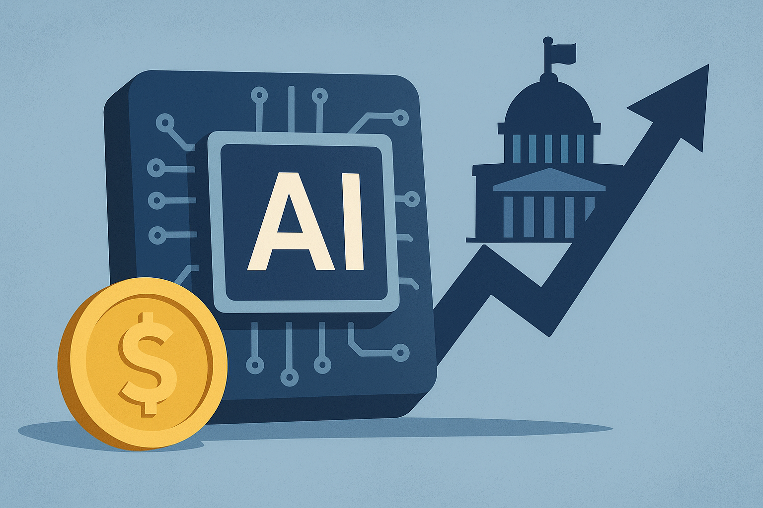 Illustration of an AI chip beside a dollar coin and government building silhouette, symbolizing the intersection of artificial intelligence, finance, and regulation.